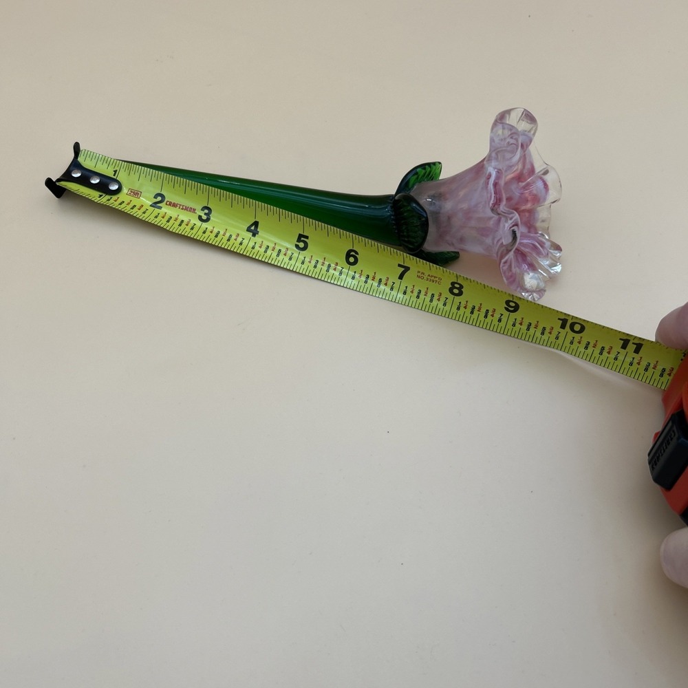 VTG Pink Bud Rose Hand Blown Murano-Style Art Glass Long Green Stem Tulip Flower - Picture 5 of 5